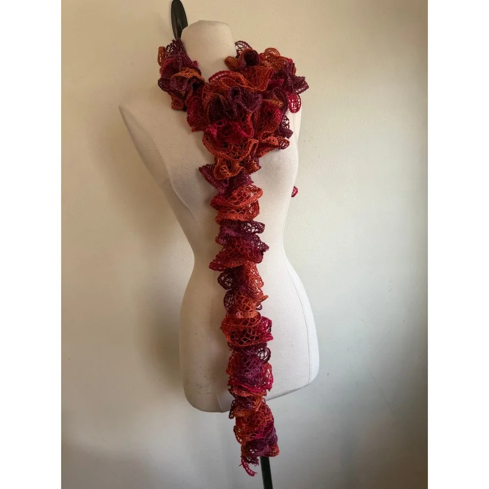 Handmade Crochet Ruffle Scarf Sunset Red Orange Metallic Shimmer Whimsigoth Boho